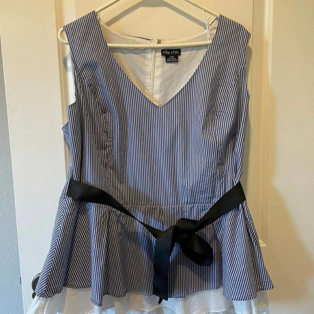 City Chic Blue White Striped Peplum Top Sleeveless V-Neck Waist Tie‎ Blouse L/20